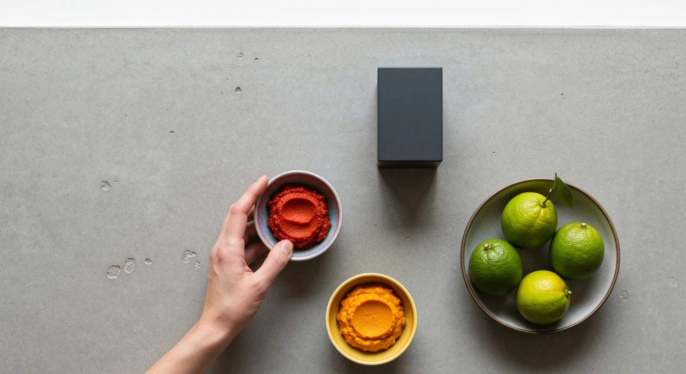 Overhead view of a minimalist kitchen counter featuring bowls of vibrant harissa paste, aji amarillo paste, and fresh yuzu and sudachi fruits, symbolizing global culinary trends.