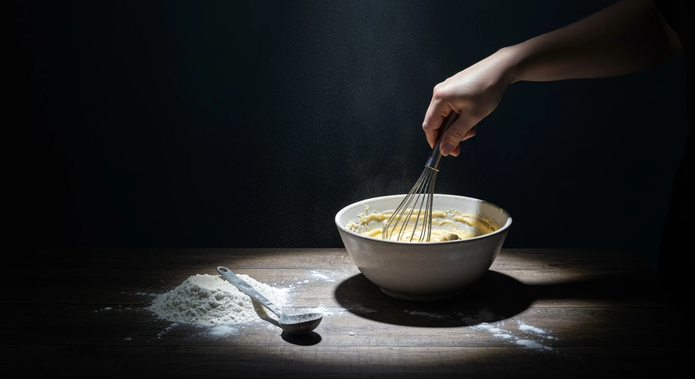 Close-up of a hand whisking lumpy cake batter in a ceramic bowl on a wooden counter, dramatic lighting highlighting the flawed mixture, illustrating the impact of misinformation.