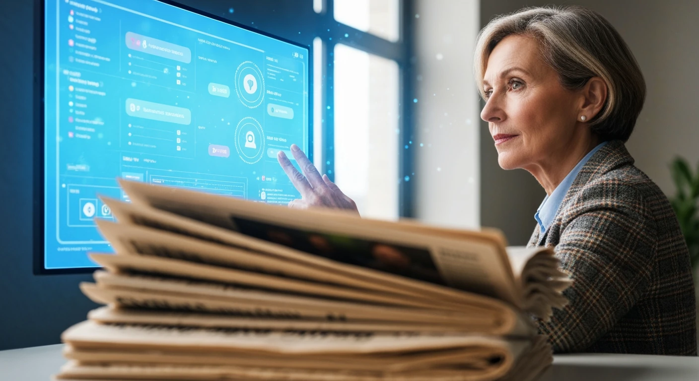 A veteran female journalist observing a futuristic holographic news display while old newspapers are blurred in the foreground, illustrating the media evolution.
