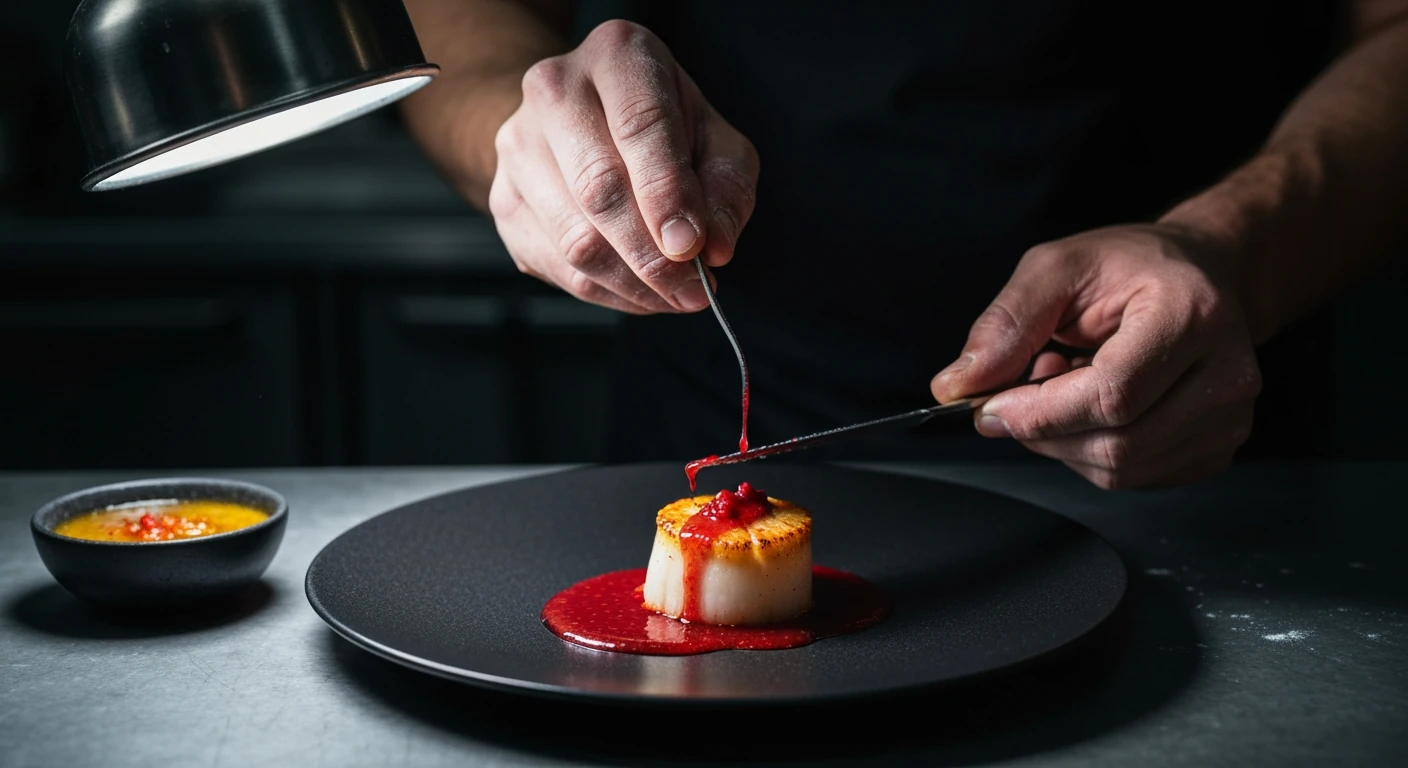 Chef's hands preparing a 'swicy' dish with raspberry-chipotle glaze over scallops, highlighting culinary trend predictions.