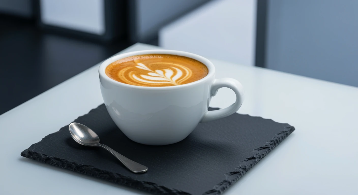 A close-up of a freshly made espresso shot in a white cup, topped with a thick, golden-brown crema and subtle tiger stripes, set on a dark slate coaster.