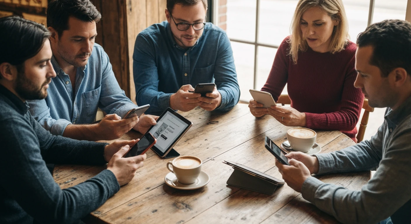 People in a coffee shop engaging with digital news on various devices, showcasing modern news consumption habits.