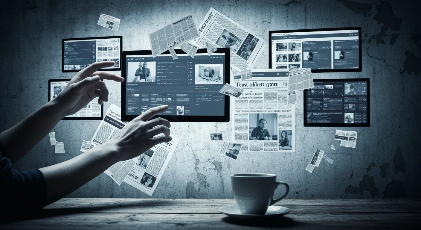 A person's hands scrolling through a chaotic, overlapping display of digital news feeds and newspaper clippings on a concrete wall, symbolizing information overload.