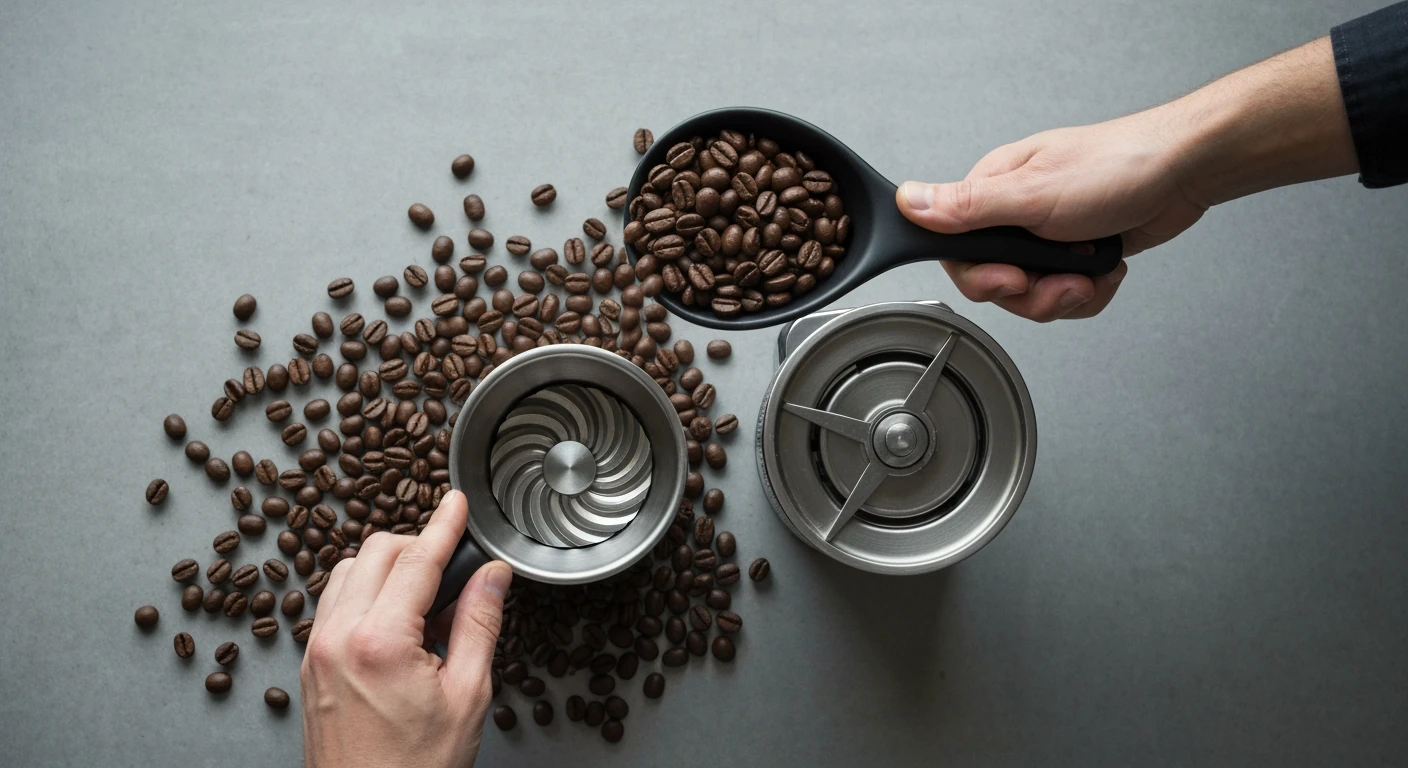 High-angle professional photo of hands pouring fresh, dark roast coffee beans into a stainless steel burr grinder on a concrete counter, emphasizing fresh beans and proper grinding.