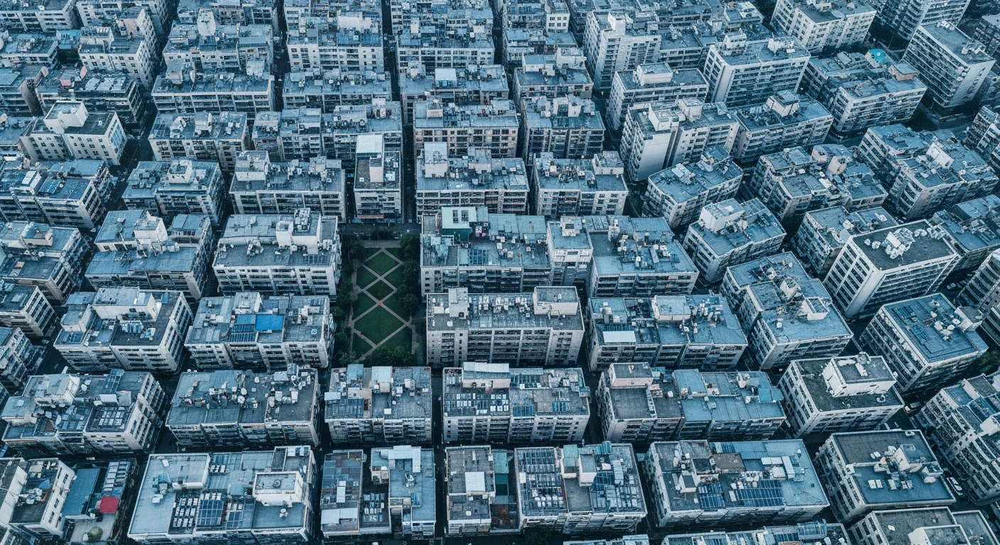 Aerial view of a sprawling, dense urban landscape with countless buildings, satellite dishes, and a small, geometrically patterned green park, symbolizing news overload and the search for calm.