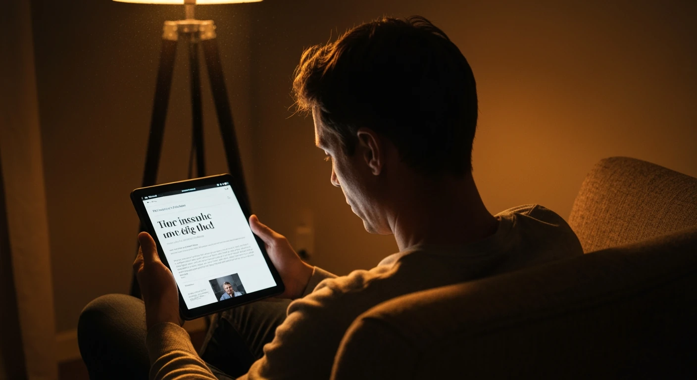 A person viewed from behind, hunched over a tablet in a dimly lit living room, reading a misleading news headline.