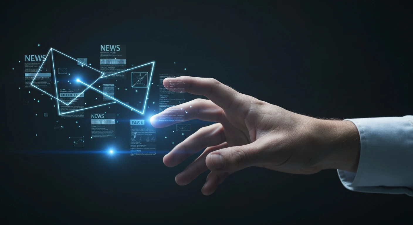 A person's hand reaching to connect fragmented, glowing geometric news headlines and data streams, symbolizing the effort to understand media bias.