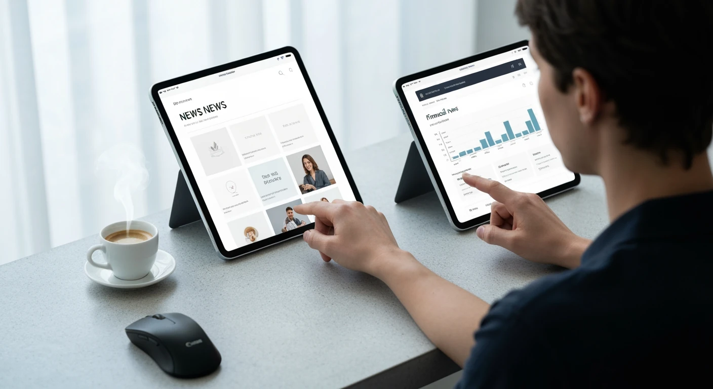 A person engages with two tablet screens, one displaying a curated news feed with balanced, family-friendly headlines, and the other showing financial data, on a minimalist concrete desk with an espresso cup, emphasizing mindful news consumption for mental clarity.