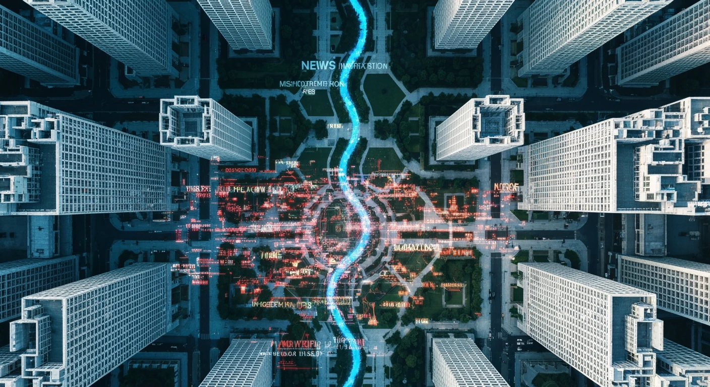 An aerial drone view of a modern city, showing organized urban planning with geometric green spaces, symbolizing reliable news. Intersecting this, chaotic red and orange digital data streams representing misinformation disrupt the pristine urban fabric.