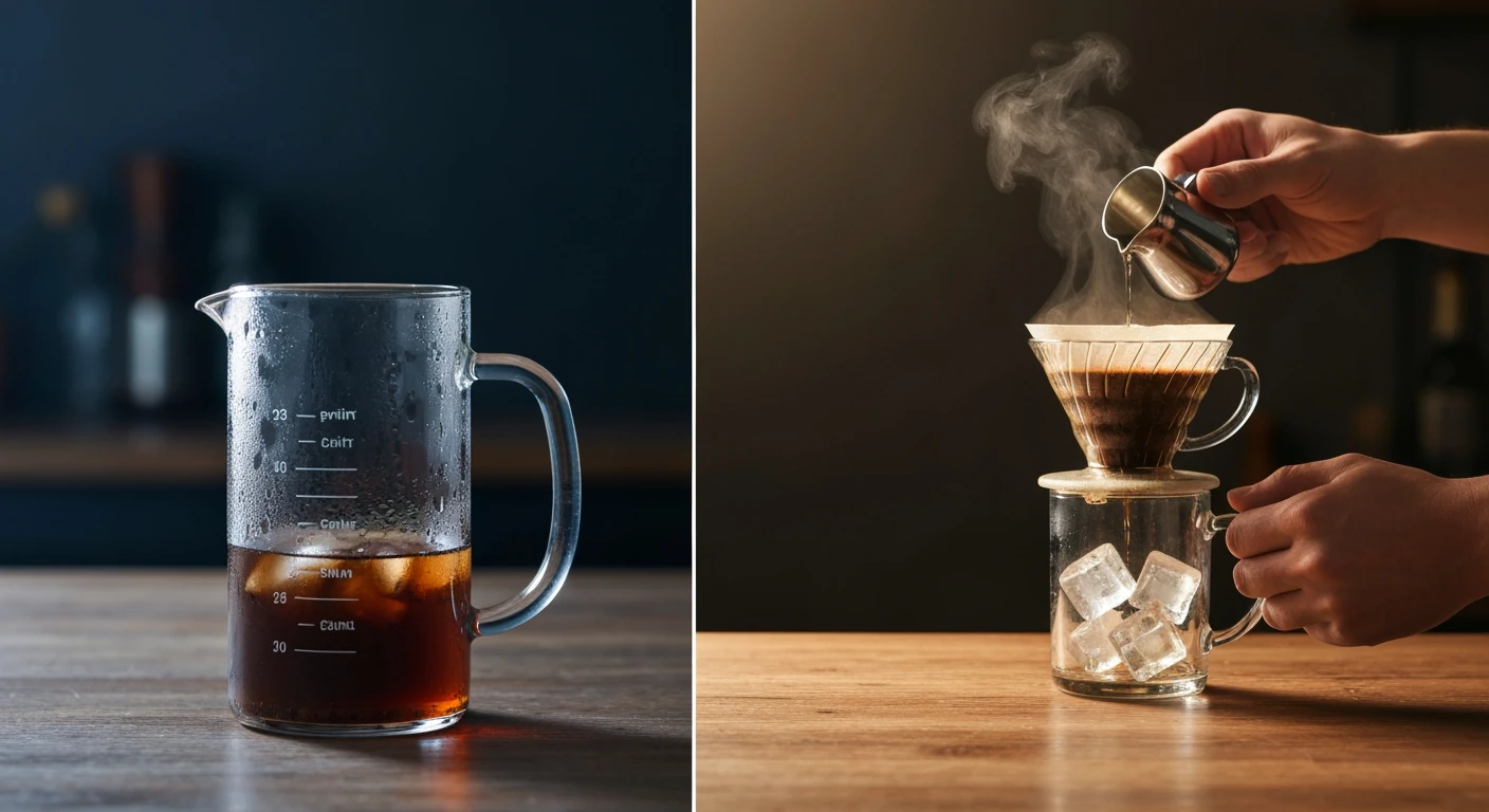 Split photograph comparing cold brew and iced coffee preparation. Left shows cold brew steeping in a glass maker, right shows hot pour-over coffee being made over ice.