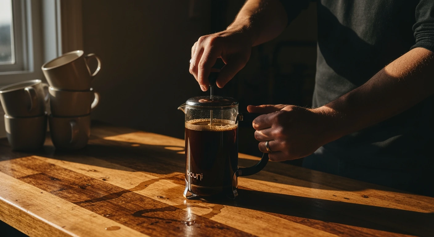 A person's hands gently pressing a French press plunger, showing dark, rich coffee in a glass carafe on a rustic wooden counter, illuminated by warm golden hour light.