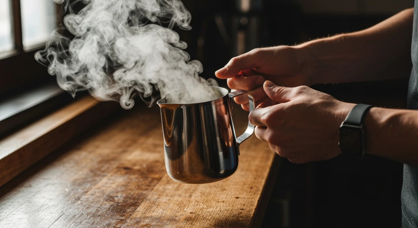 A person expertly frothing milk in a stainless steel pitcher with an espresso machine steam wand, creating velvety microfoam, illuminated by dramatic side lighting in a home kitchen.
