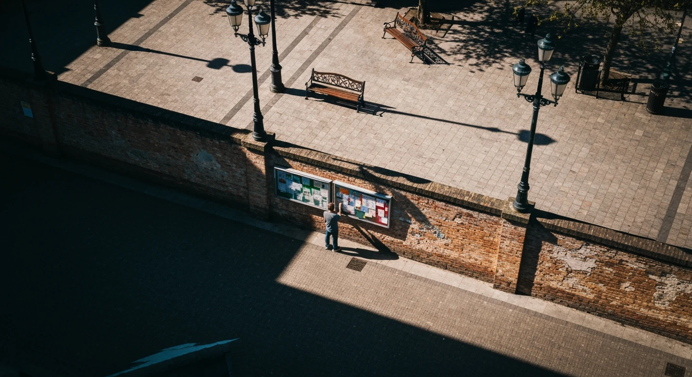 Aerial view of a person reading a community bulletin board in a sunlit town square, representing local news engagement.