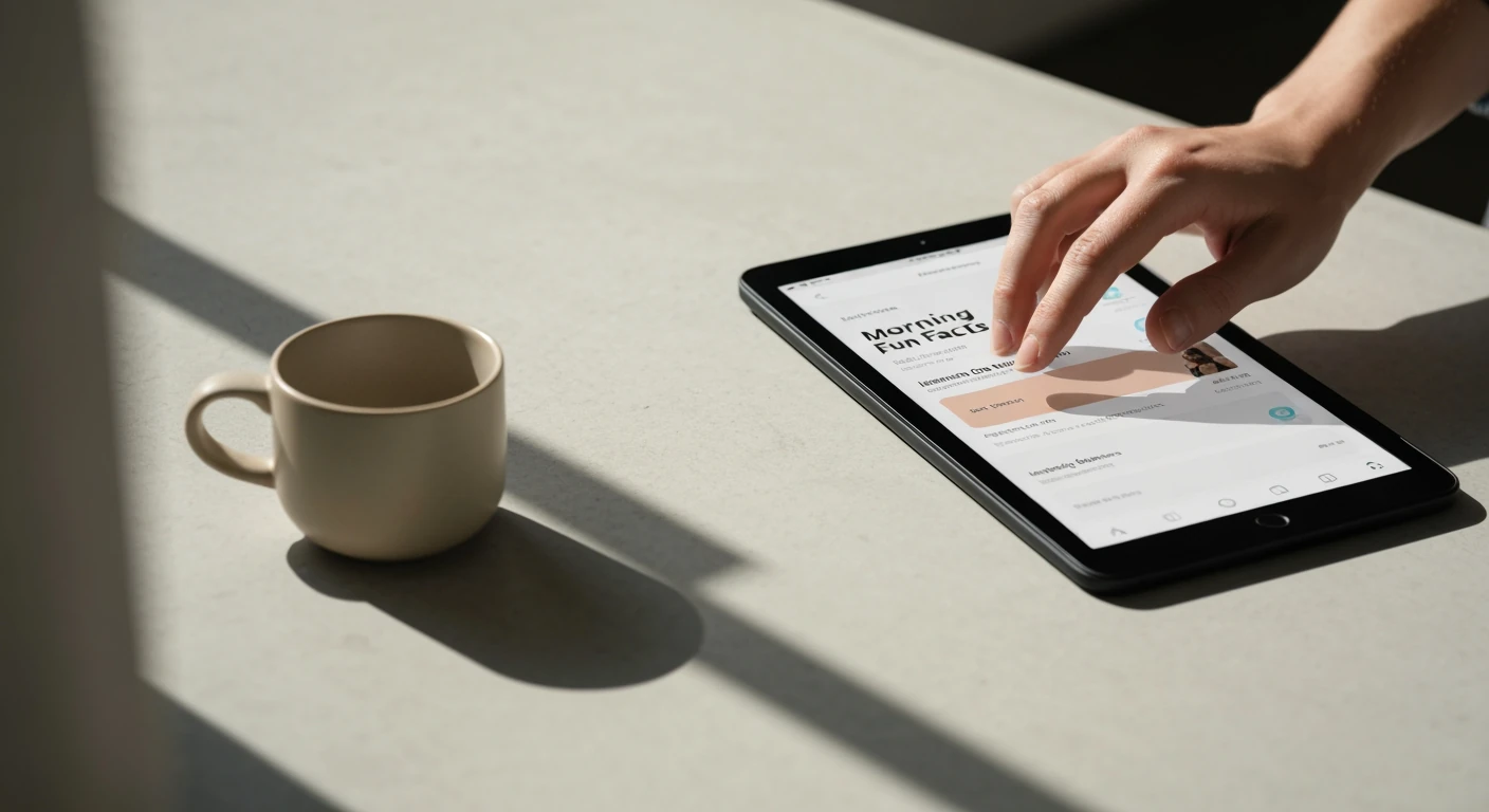 A person's hand interacting with a personalized news feed on a tablet, showing curated headlines for morning fun facts and inspiring stories, set on a modern concrete surface with a coffee mug.