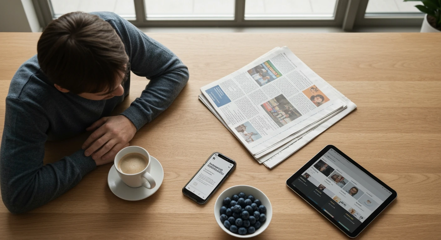 An overhead shot of a person at a breakfast table with a coffee mug, newspaper, and tablet showing various news sources, emphasizing media literacy and informed choices.