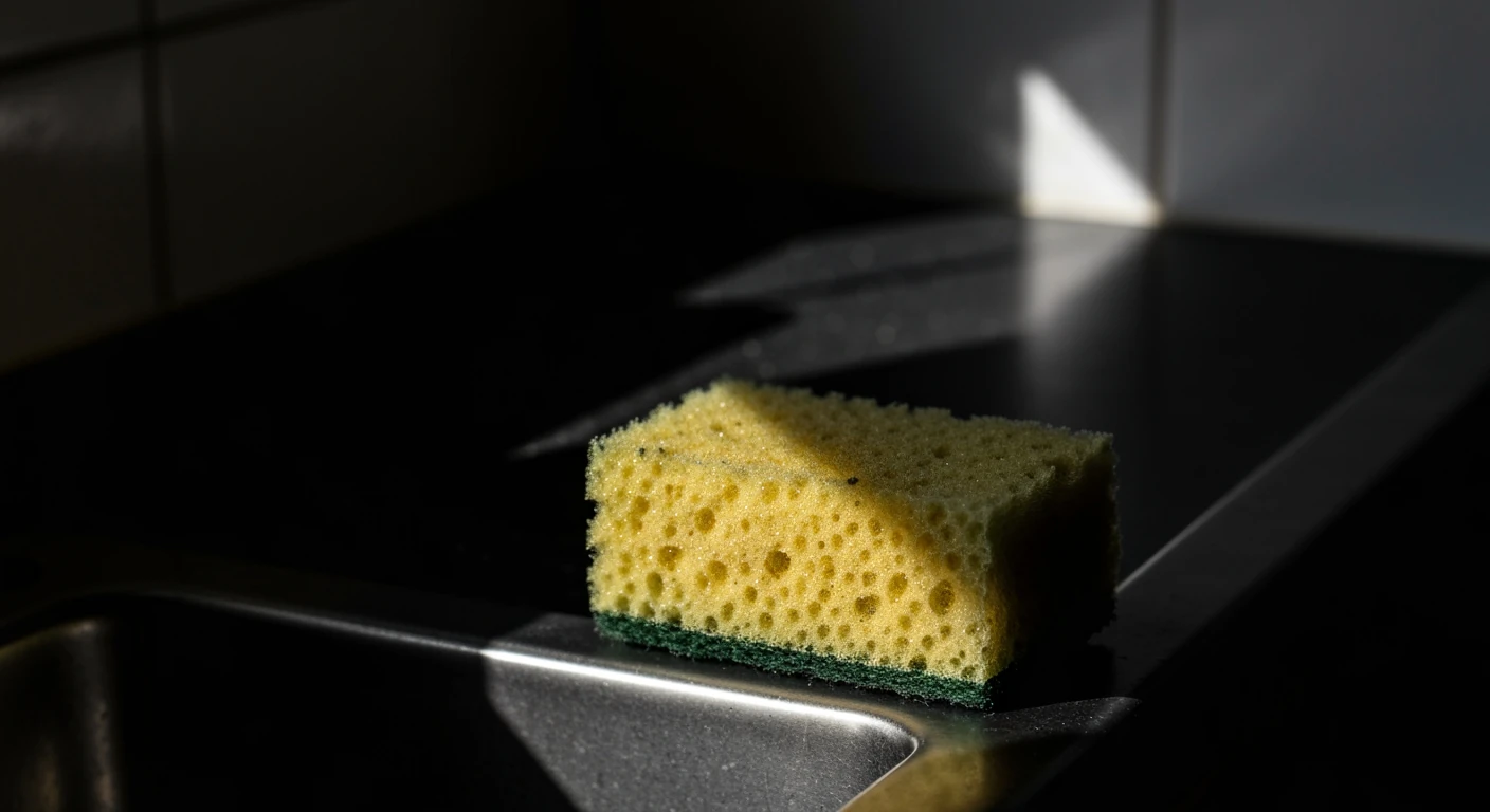 Close-up of a well-used, discolored kitchen sponge with embedded crumbs, dramatically lit by a single beam of light on a dark ceramic sink edge.