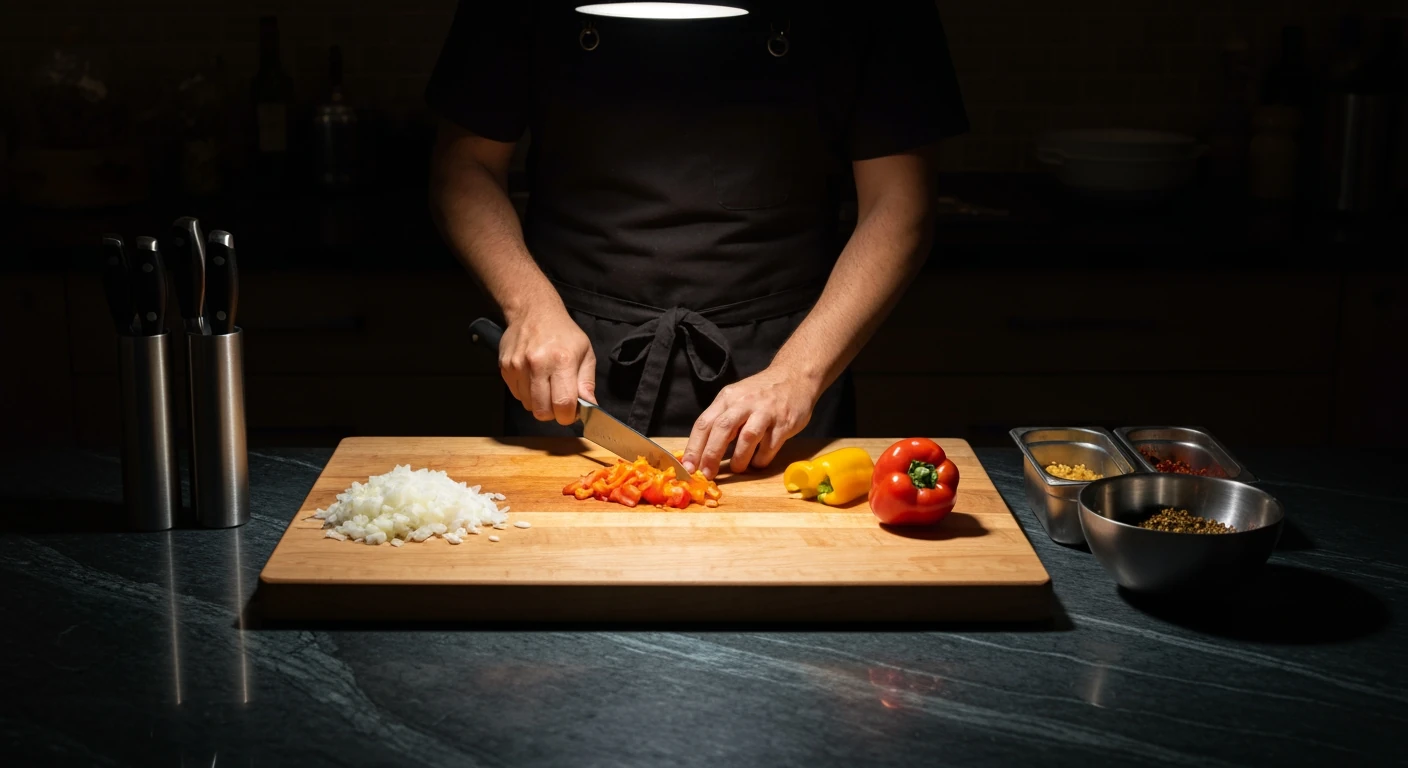 Person engaged in quick meal prep, dicing bell peppers on a wooden board with other pre-chopped ingredients, organized on a dark kitchen counter under dramatic lighting.