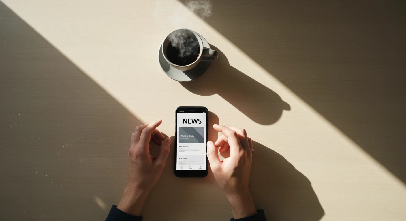 Aerial view of a person using a news app on a smartphone during a morning routine, with a coffee mug and gentle sunlight on a wooden table.