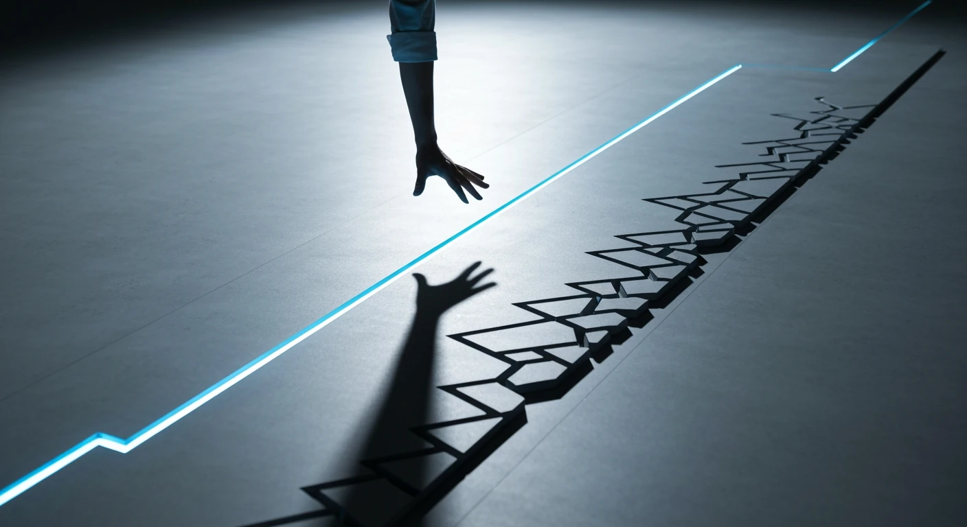 A human hand hovering over a minimalist gray surface with two diverging paths, one clear and one chaotic, symbolizing the choice between true and false information in the digital age.
