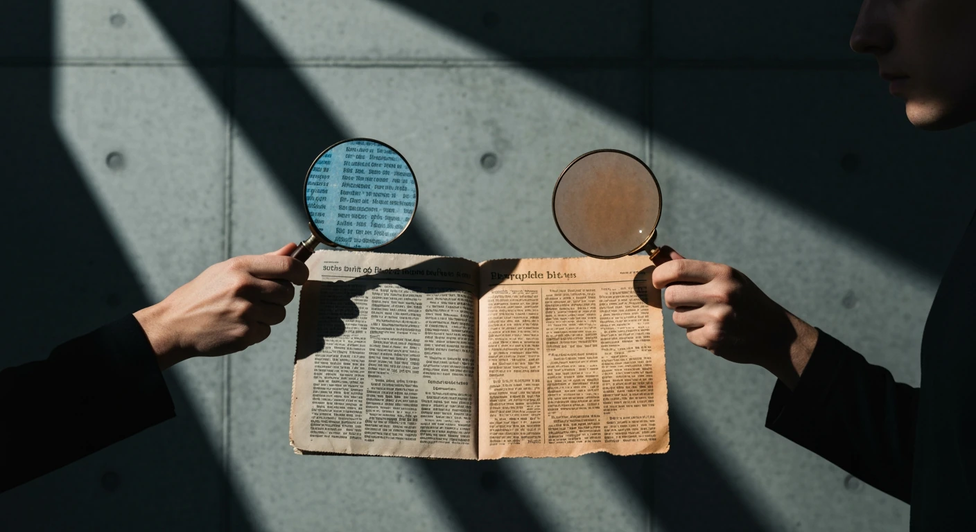 A person holding two distinct vintage magnifying glasses, each applying a different colored filter, over an aged newspaper, illustrating news bias.
