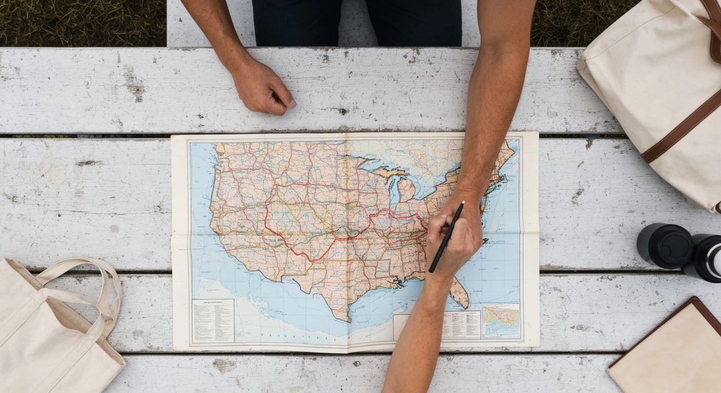 Aerial view of a person planning a US road trip itinerary on a physical map, with a stylus, surrounded by picnic items on a table.