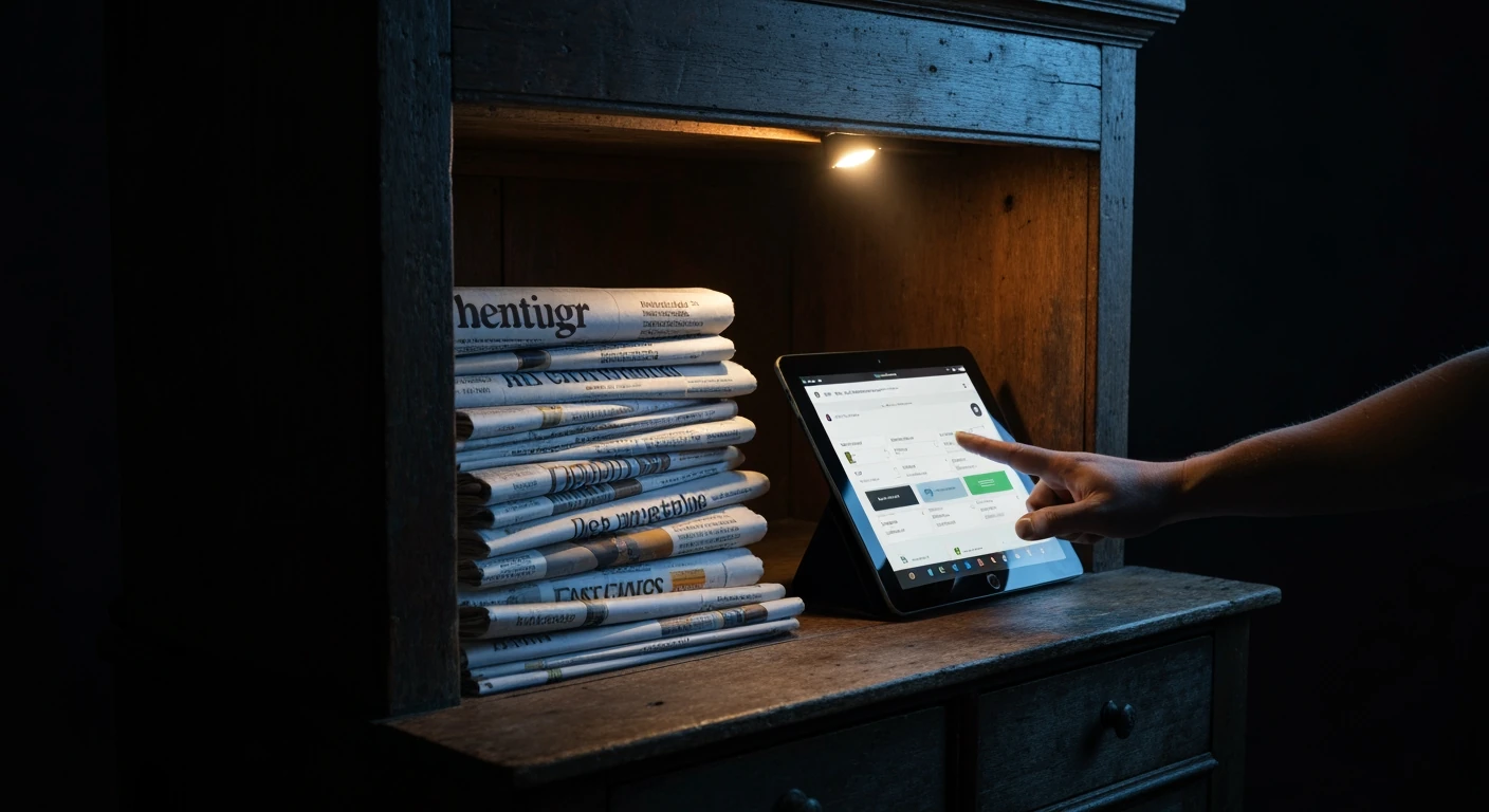 An antique wooden newsstand at dusk, illuminated by a single spotlight, with a modern tablet displaying a news aggregator interface resting on a stack of diverse newspapers. A hand reaches for the tablet.
