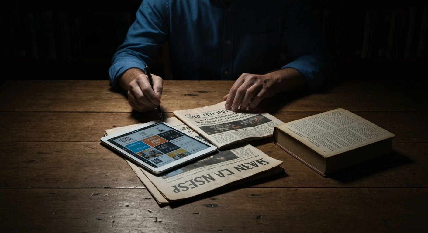 A person critically examining various news sources, including a digital tablet, an old newspaper, and a book, under dramatic directional lighting on a wooden table.