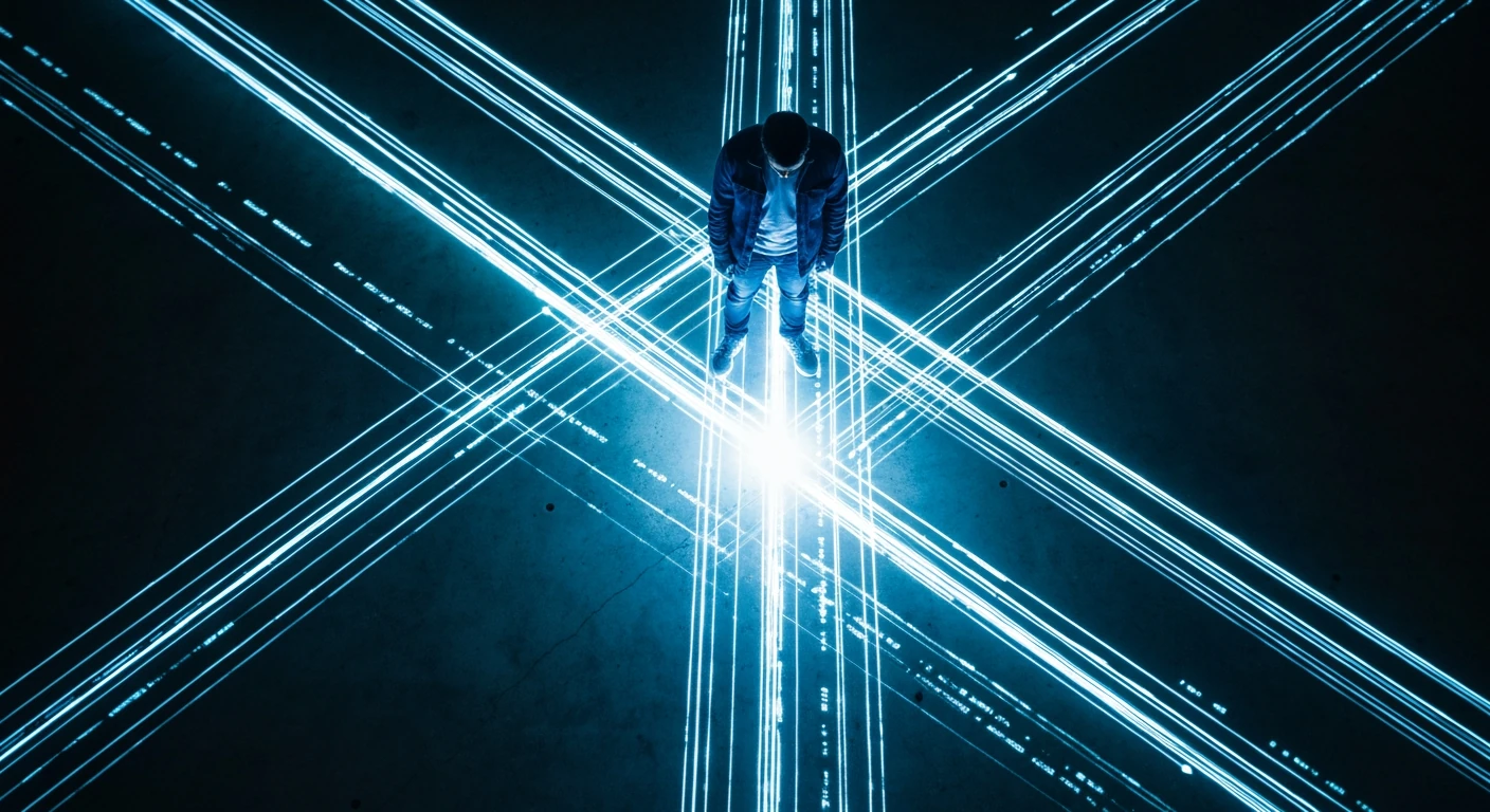 Aerial view of a person navigating a floor illuminated with complex blue and white geometric light patterns resembling digital data streams, symbolizing the challenge of discerning truth in information.