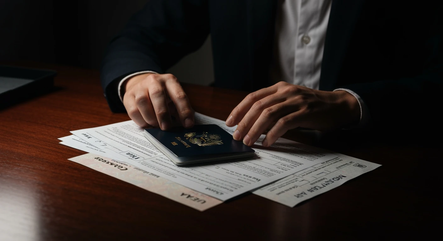 An individual meticulously reviewing a US passport, visa application, and ESTA form on a mahogany desk, illuminated by strong directional light, signifying essential pre-trip planning for US travel.