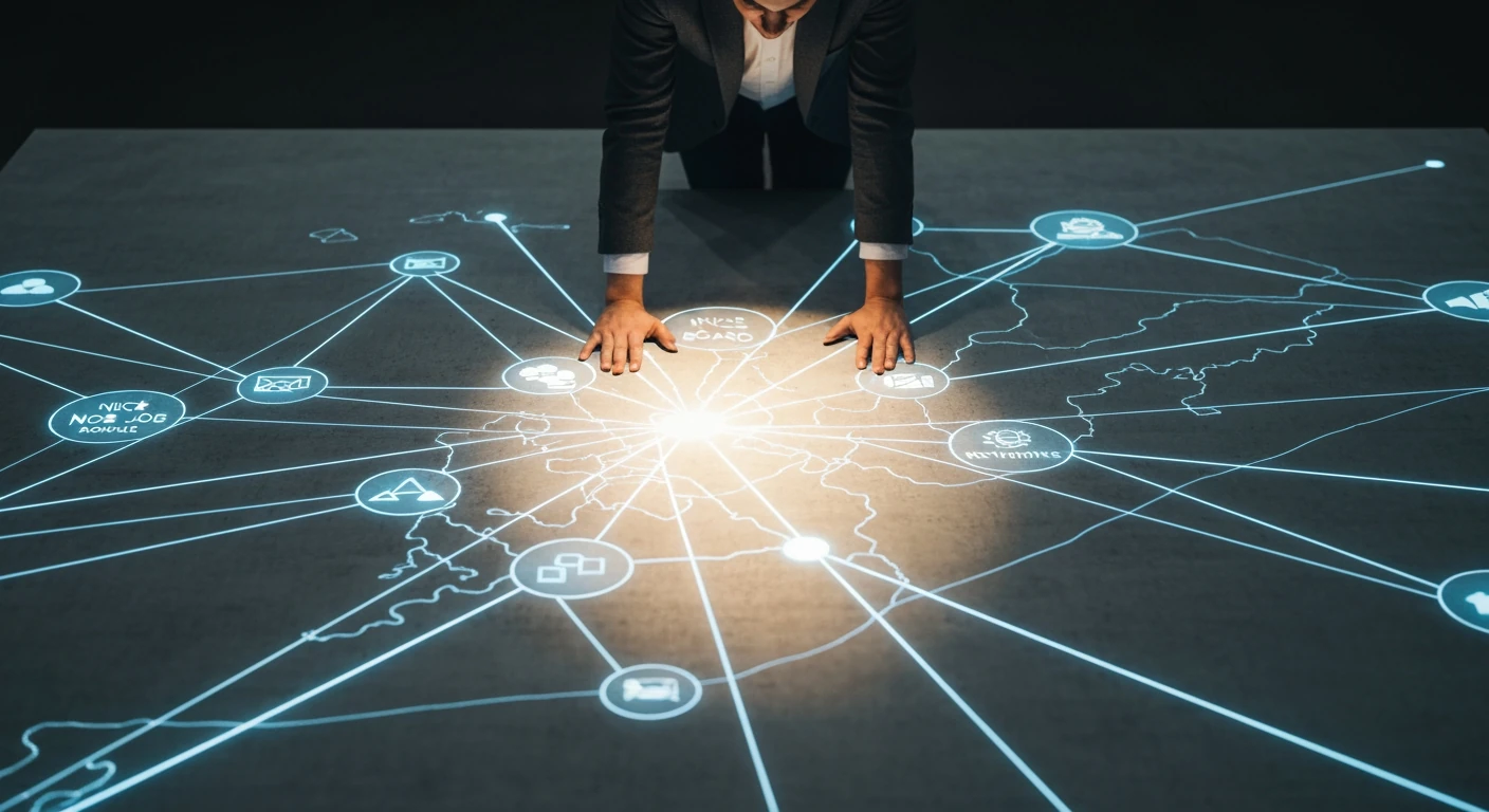 An overhead view of a person accessing an intricate digital map representing niche job boards and professional networks for advanced US job search strategies.