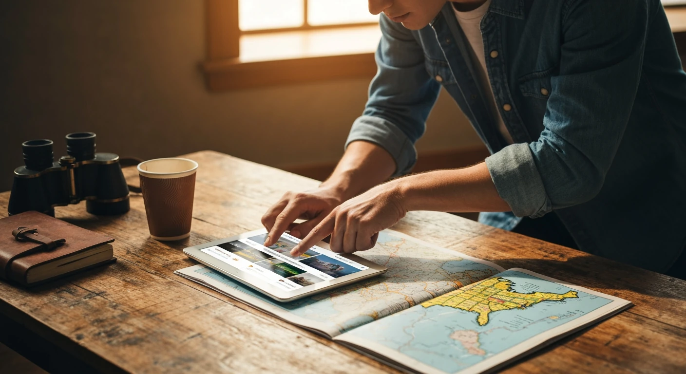 A traveler uses a tablet and a physical map to plan budget-friendly accommodation for a US trip, showcasing strategic travel hacks.