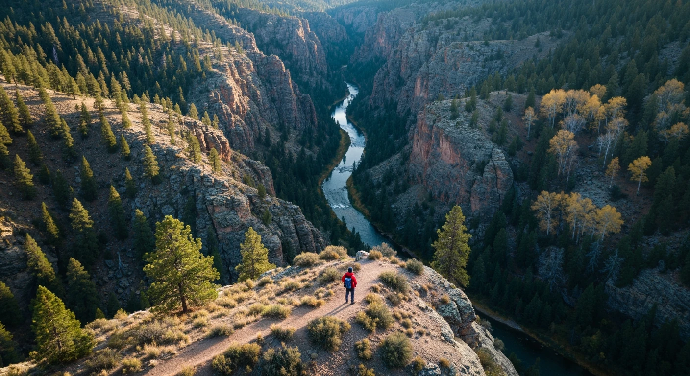Aerial view of a national park with a person on a winding trail, showcasing diverse geological features and rich biodiversity under cool morning light.