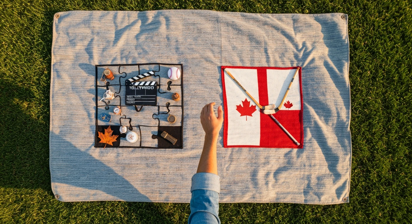 Aerial view of a picnic blanket with two distinct geometric arrangements of cultural items, one representing USA culture and the other Canada, with a person's arm subtly reaching into the frame under soft afternoon light.