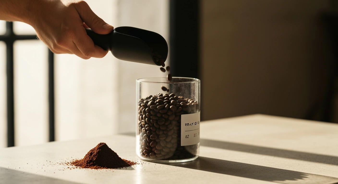 A person's hand pouring fresh, whole roasted coffee beans into a glass container, next to a small pile of finely ground coffee on a concrete surface, highlighting the 'roasted on' date, symbolizing the importance of bean freshness for optimal flavor.