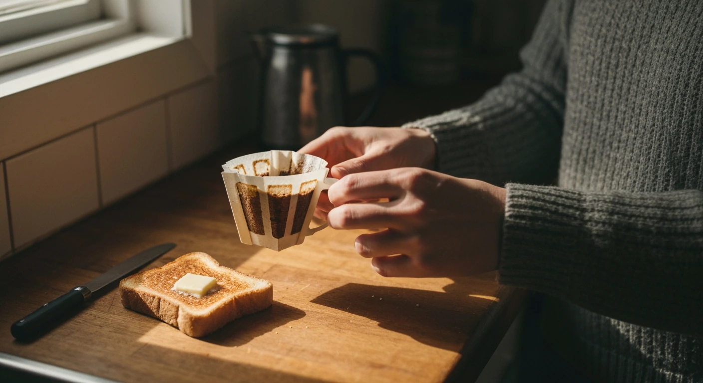 A person's hands examine a crumpled, coffee-stained filter on a wooden counter, symbolizing disrupted daily choices by misinformation.