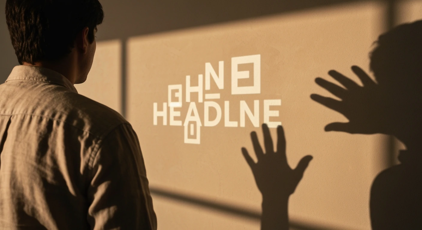 An anonymous figure in a linen shirt critically examining an abstract headline projected onto a warm beige wall, symbolizing news analysis.