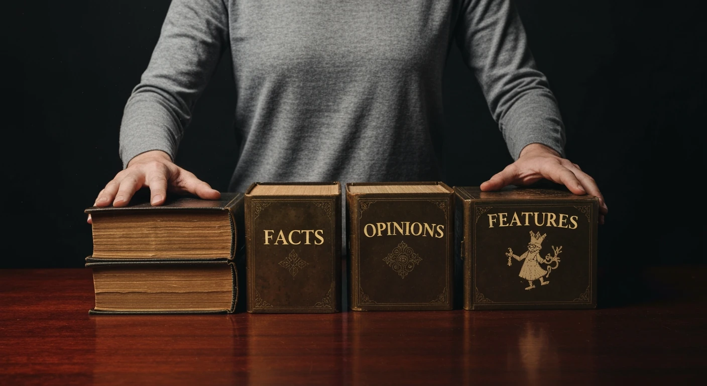 A person separating antique books titled 'Facts,' 'Opinions,' and 'Features' under a dramatic spotlight on a mahogany table, symbolizing news categorization.