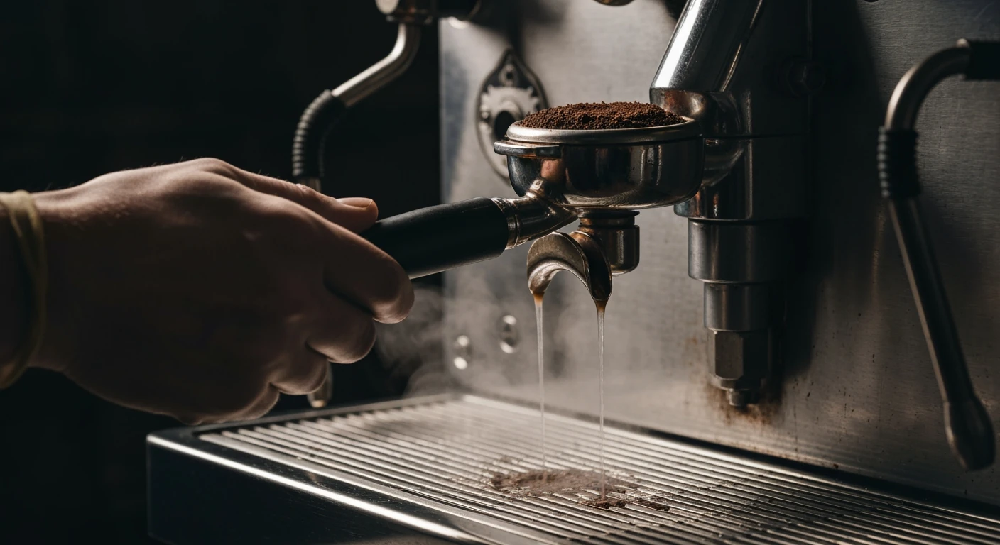 Close-up of a hand attaching a portafilter to a vintage espresso machine's group head, illuminated by dramatic chiaroscuro light, emphasizing the brewing process.