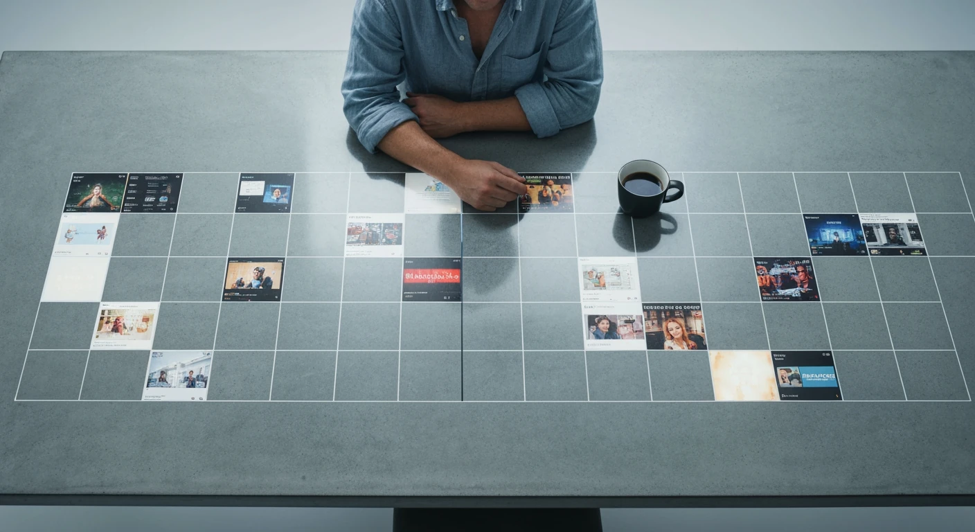 An aerial view of a person sitting at a table with an abstract, geometric news feed pattern embedded, highlighting the overwhelming nature of digital information.