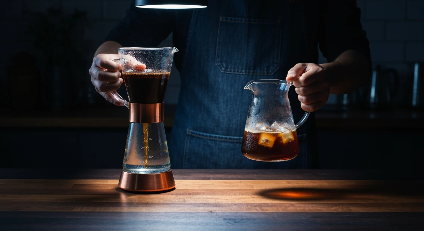 A person preparing cold brew coffee in a dark glass maker next to a carafe of hot-brewed iced coffee, highlighting the visual difference in brewing process and condensation.
