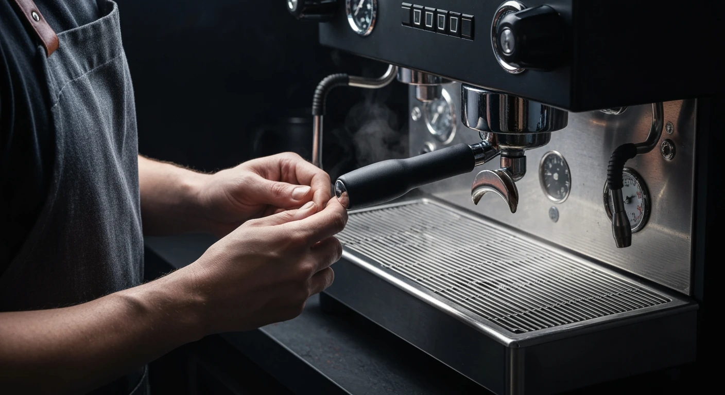 A person's hands meticulously attaching a portafilter to a semi-automatic espresso machine, steam rising from the wand, under dramatic chiaroscuro lighting, preparing for latte art.