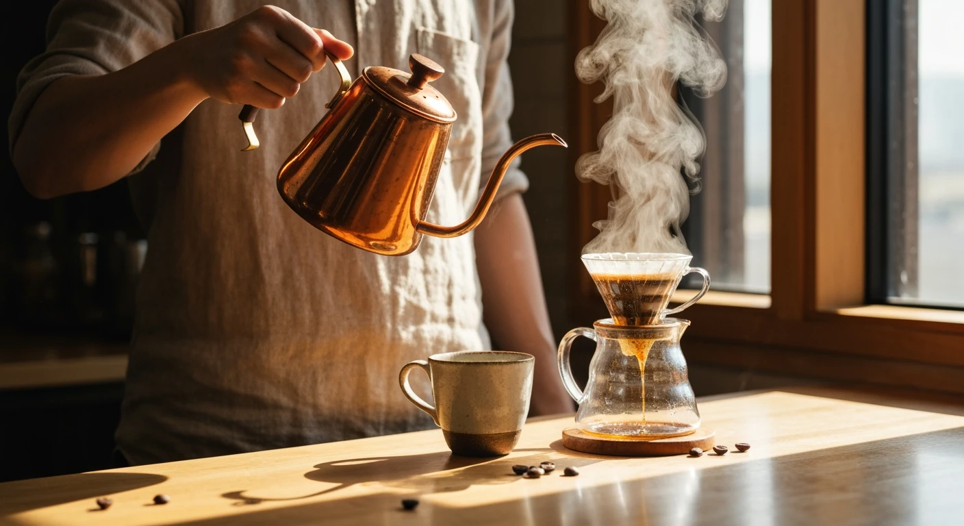 A person's hands carefully pouring water into a pour-over coffee maker, highlighting the ritual of manual brewing in a sunlit kitchen.
