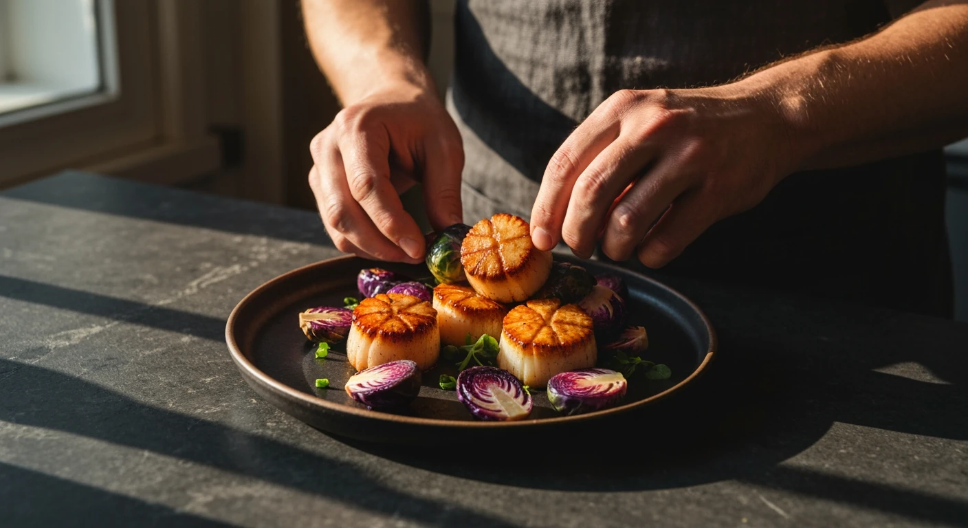Close-up of a person's hands arranging richly seared scallops and Brussels sprouts on a dark plate, showcasing the Maillard reaction in home cooking.
