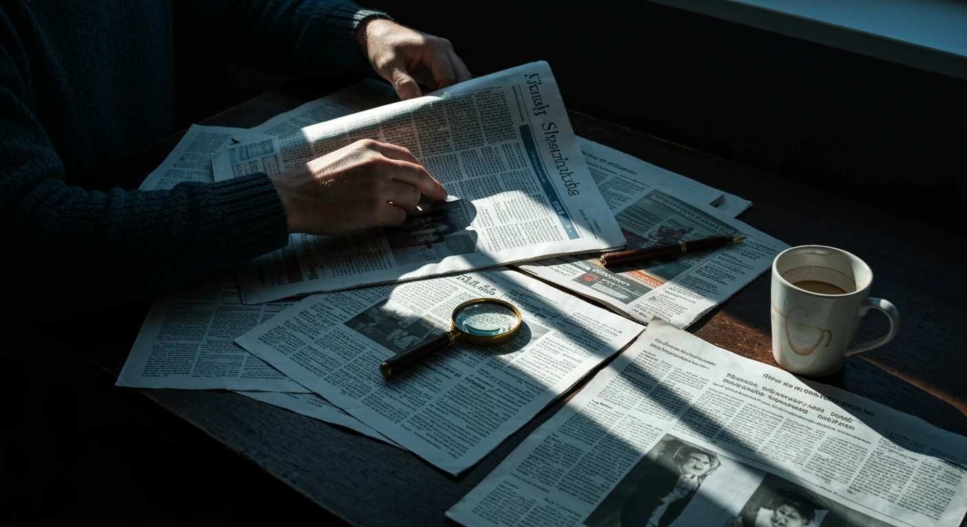 A person's hands sifting through a chaotic pile of crinkled newspaper clippings on a dark mahogany desk, illuminated by dramatic side lighting, symbolizing the challenge of finding trustworthy information.