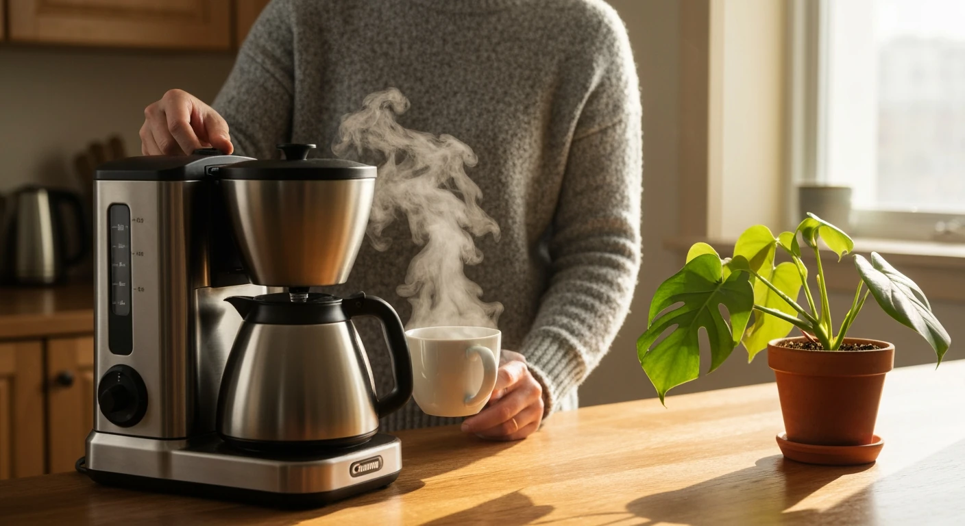 A person pouring coffee from a modern stainless steel drip coffee maker in a warm, morning-lit kitchen, embodying the simple pleasure of a daily routine.