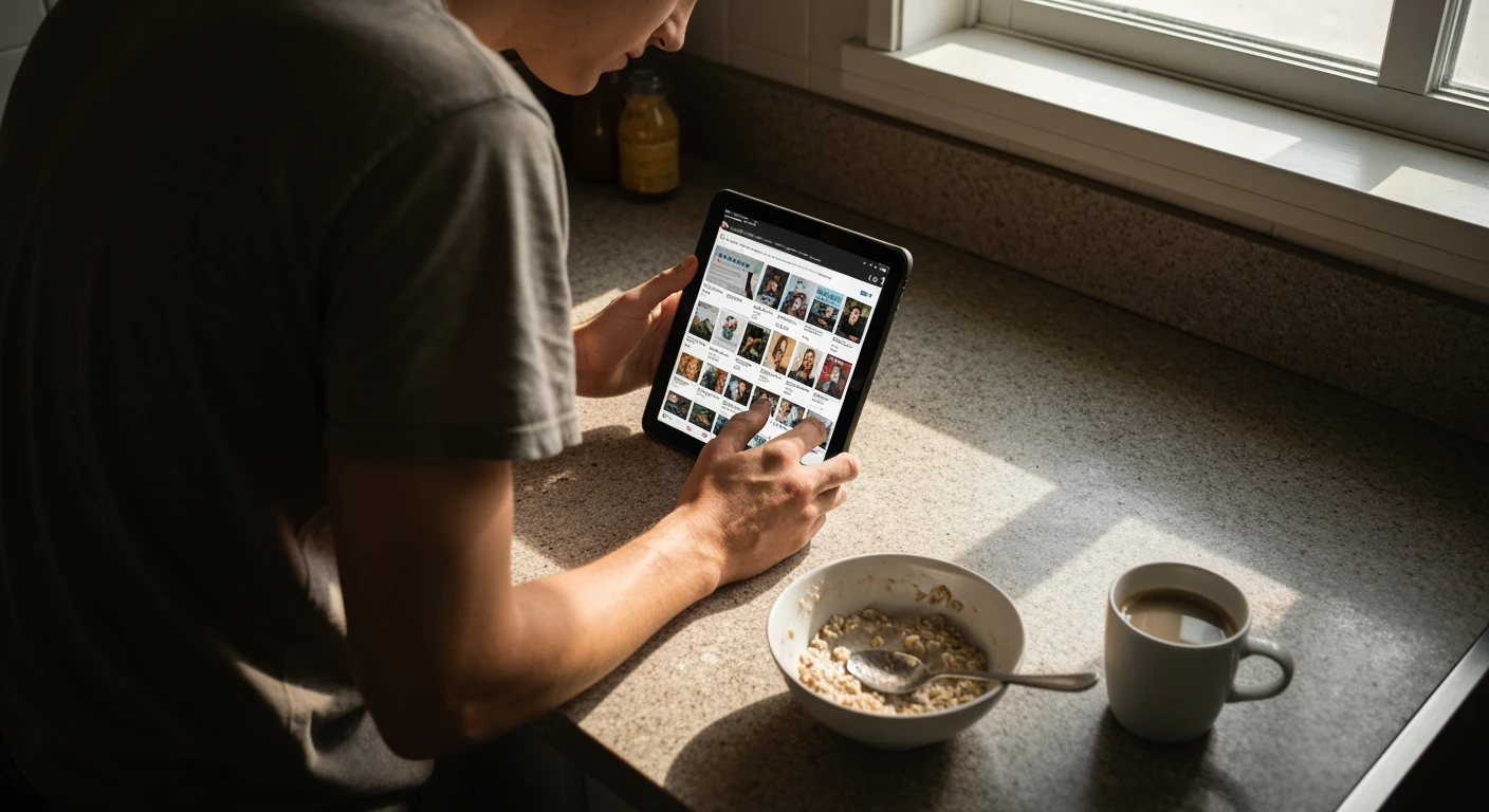 A person frustratedly hovering over a tablet displaying an overwhelming, uncurated news feed during their morning routine, harsh sunlight highlighting the scene.