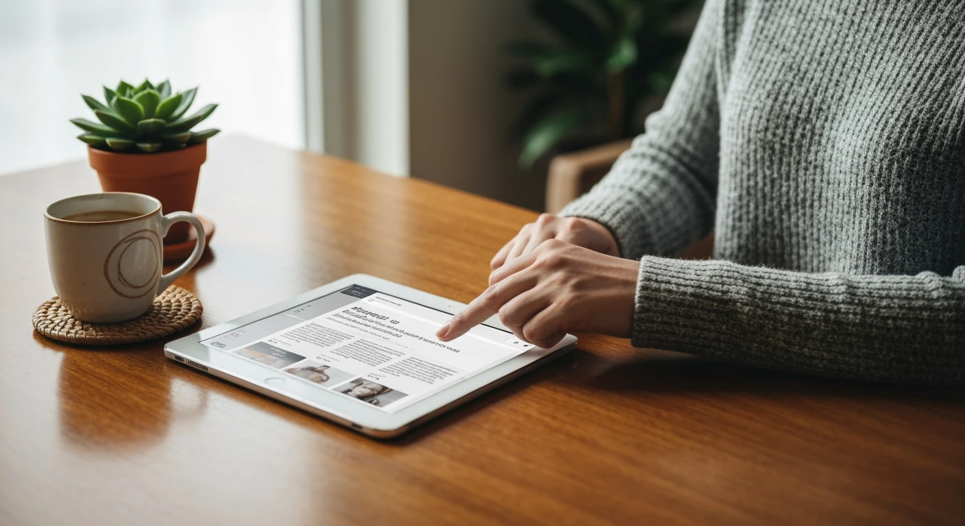 A person mindfully engaging with a news aggregator on a tablet, with a cup of coffee and a plant on a wooden table, emphasizing curated news consumption.