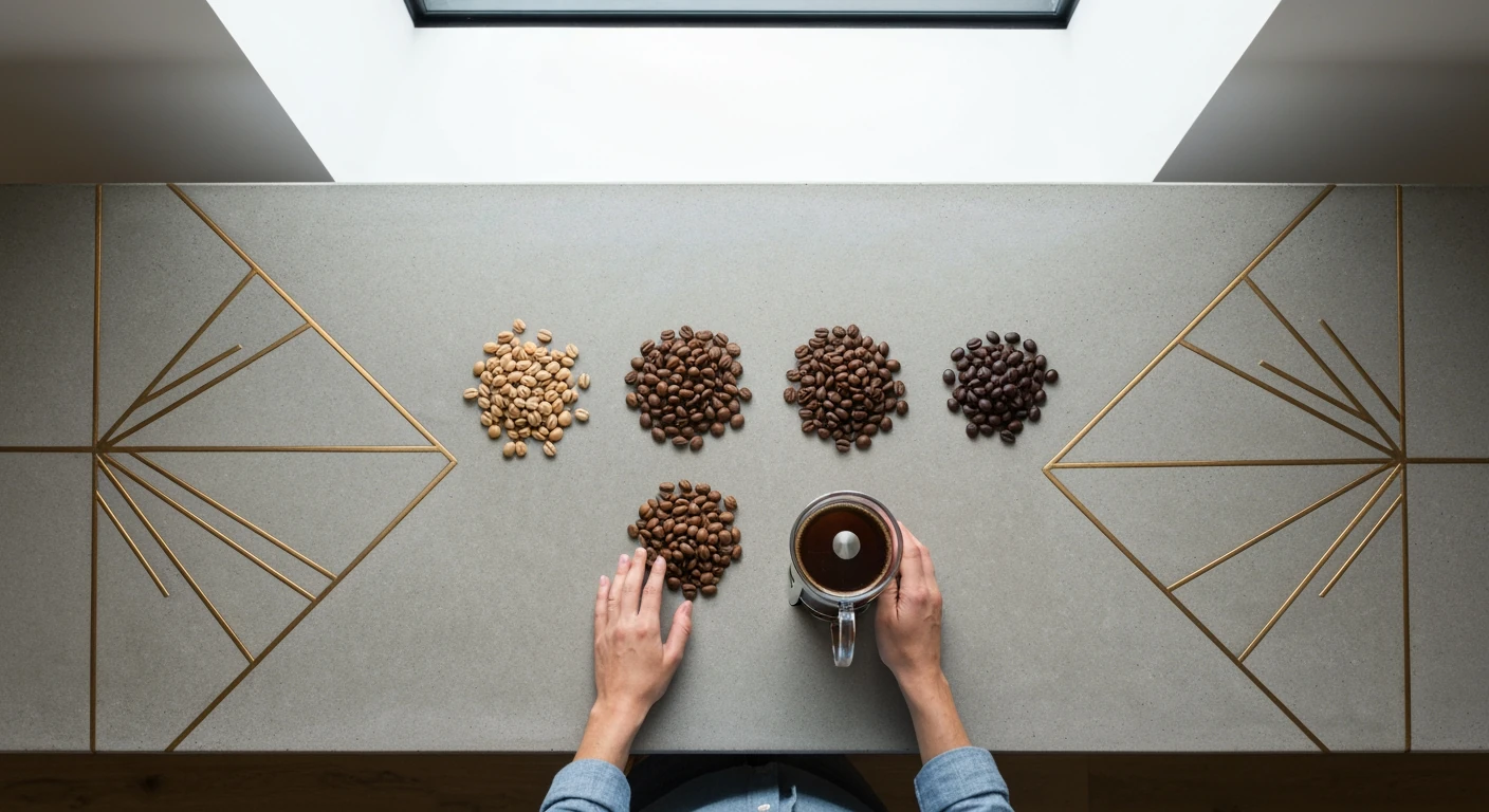 An aerial view of a French Press on a geometric kitchen island, surrounded by distinct piles of light, medium, and dark roasted whole coffee beans, emphasizing bean selection for immersion brewing.