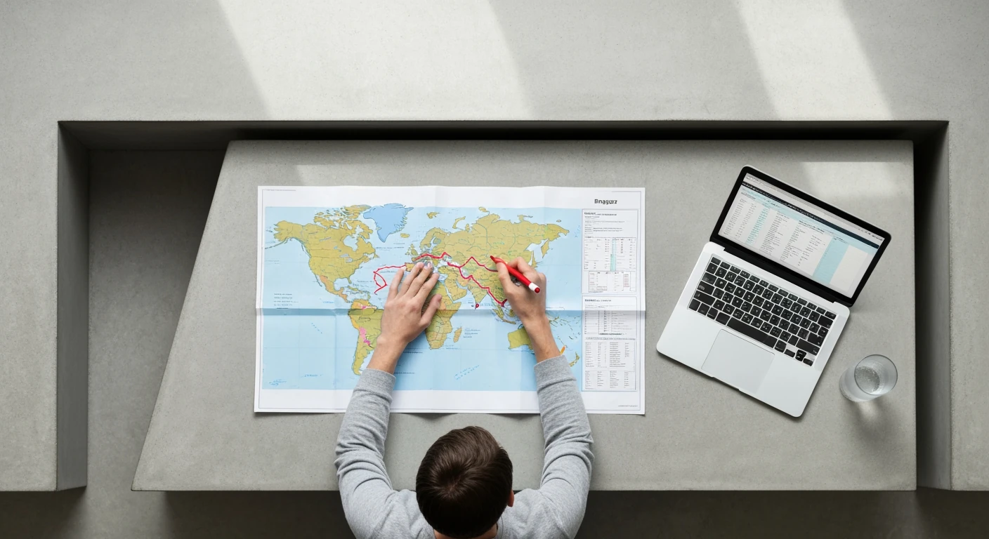 Overhead view of a person planning a USA trip with a map, laptop, and budget spreadsheet on a minimalist concrete desk.