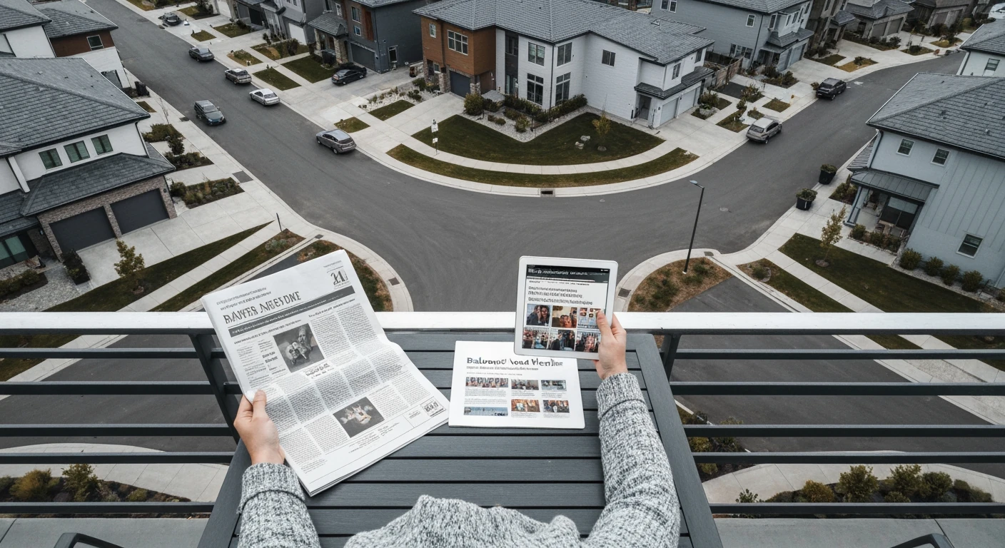 An aerial drone view of a suburban neighborhood with a person balancing a physical newspaper and a digital tablet on a patio. The image highlights geometric patterns in streets and varied roof colors.